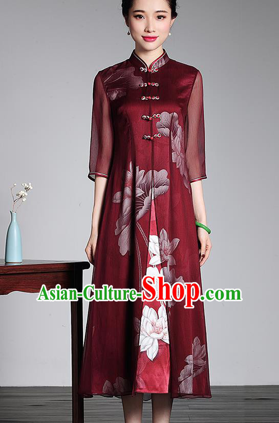 Traditional Chinese National Costume Elegant Hanfu Red Silk Long Cheongsam, China Tang Suit Plated Buttons Chirpaur Dress for Women