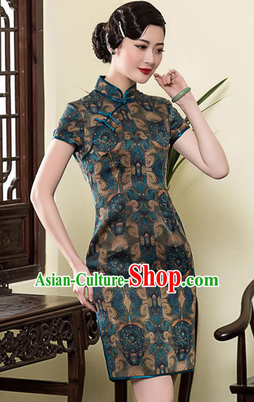 Traditional Chinese National Costume Elegant Hanfu Blue Silk Printing Cheongsam, China Tang Suit Plated Buttons Chirpaur Dress for Women