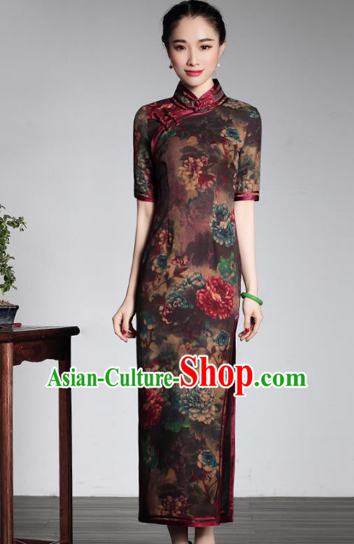 Traditional Chinese National Costume Elegant Hanfu Silk Long Cheongsam, China Tang Suit Plated Buttons Qipao Chirpaur Dress for Women