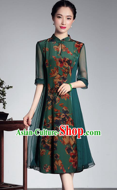 Traditional Chinese National Costume Elegant Hanfu Green Silk Cheongsam, China Tang Suit Plated Buttons Qipao Chirpaur Dress for Women