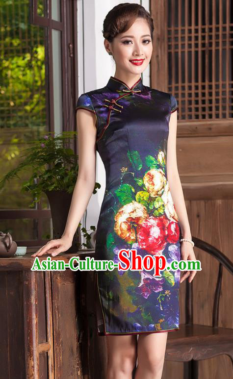 Traditional Chinese National Costume Elegant Hanfu Printing Silk Qipao Dress Cheongsam, China Tang Suit Plated Buttons Chirpaur for Women