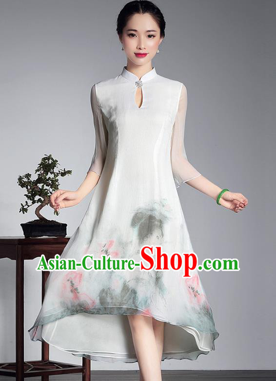 Traditional Chinese National Costume Elegant Hanfu Plated Button Hand Painting White Qipao Dress, China Tang Suit Cheongsam for Women