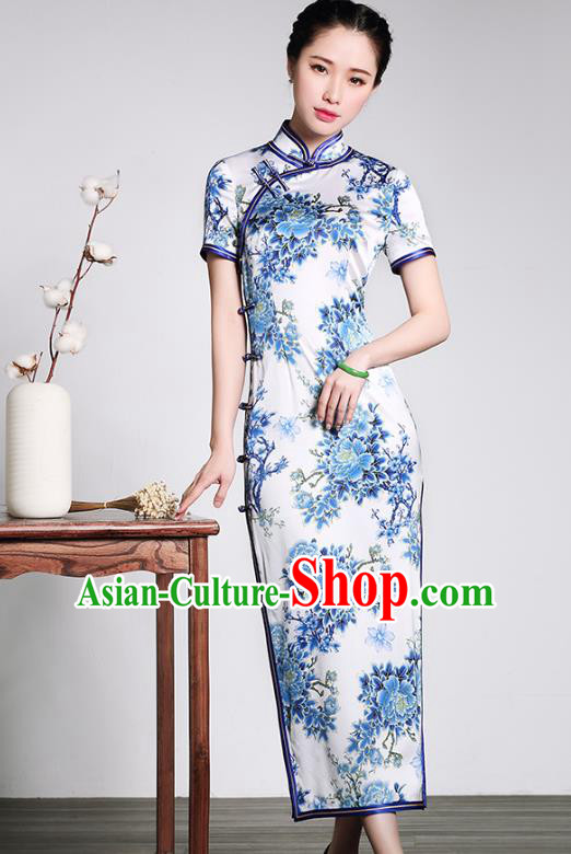 Traditional Chinese National Costume Elegant Hanfu Plated Buttons Blue Silk Qipao Dress, China Tang Suit Cheongsam for Women