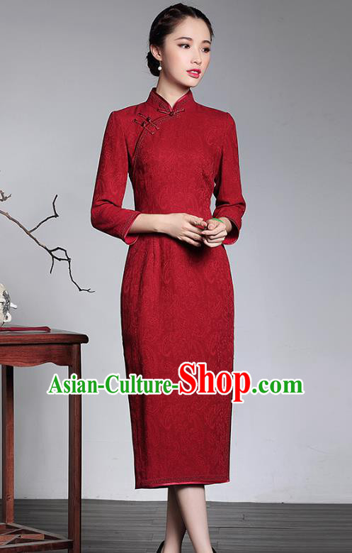 Traditional Chinese National Costume Elegant Hanfu Plated Button Mandarin Qipao, China Tang Suit Red Wedding Cheongsam for Women
