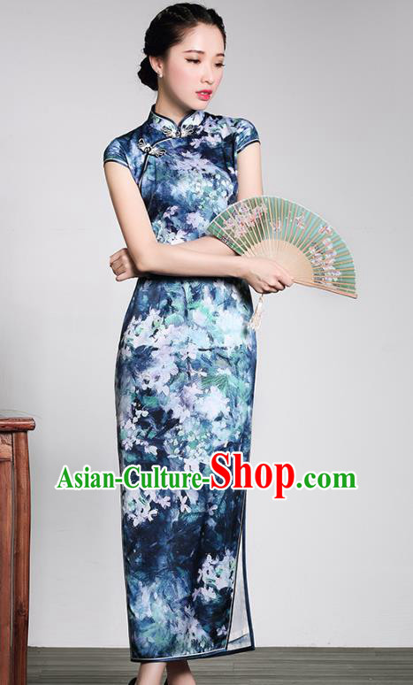 Traditional Chinese National Costume Hanfu Plated Button Blue Silk Qipao Dress, China Tang Suit Cheongsam for Women