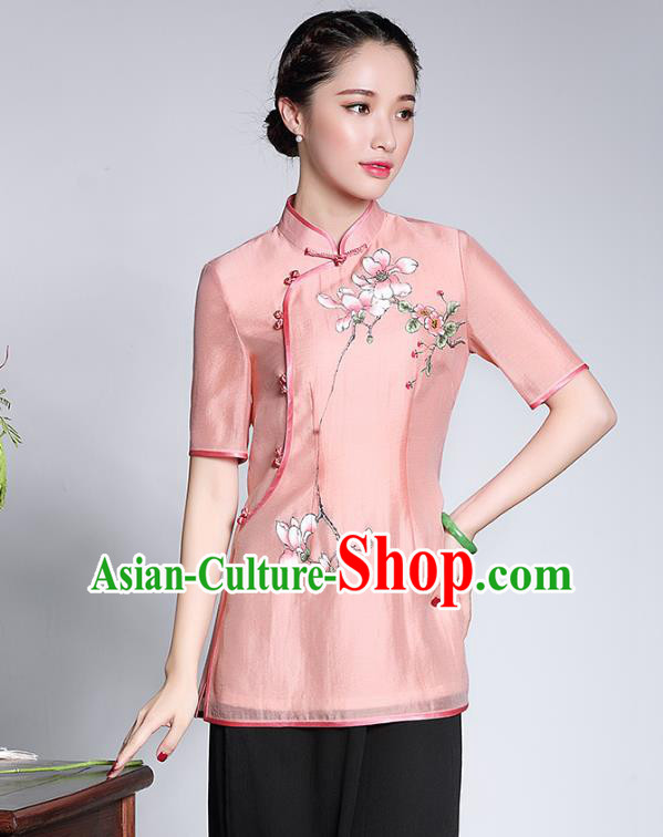 Traditional Chinese National Costume Pink Hand Painting Jacket, China Tang Suit Chirpaur Upper Outer Garment Qipao Coat for Women