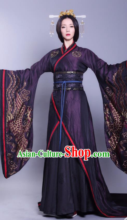 Asian China Han Dynasty Imperial Empress Hanfu Costume and Headpiece Complete Set, Traditional Chinese Ancient Palace Queen Clothing for Women