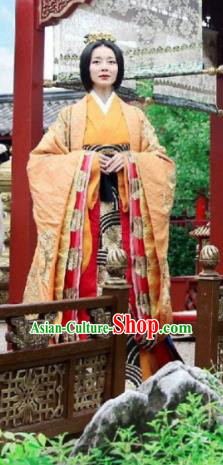 Asian China Han Dynasty Senior Concubine Hanfu Costume and Headpiece Complete Set, Traditional Chinese Ancient Palace Embroidered Clothing for Women
