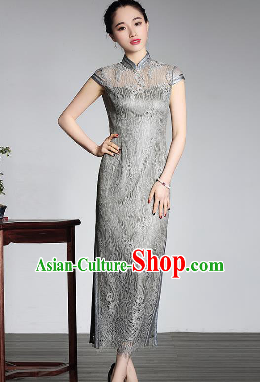 Traditional Chinese National Costume Plated Buttons Grey Lace Qipao Dress, China Tang Suit Chirpaur Cheongsam for Women