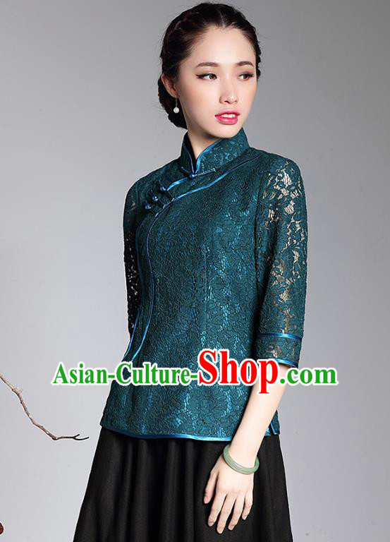Traditional Chinese National Costume Plated Buttons Green Lace Qipao Shirts, China Tang Suit Chirpaur Cheongsam Blouse for Women