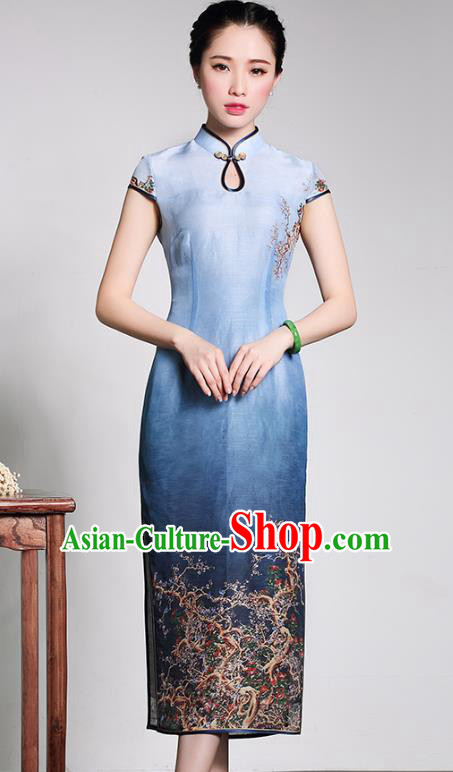 Traditional Chinese National Costume Plated Buttons Qipao Dress, China Tang Suit Chirpaur Blue Silk Cheongsam for Women