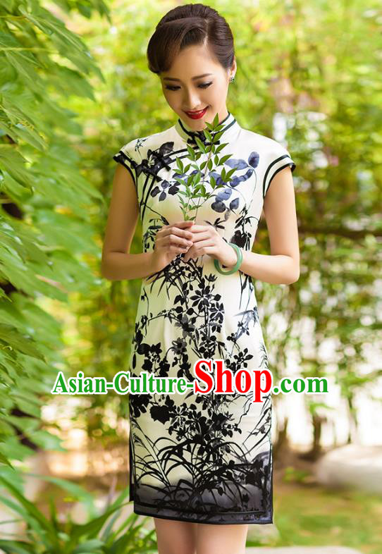 Traditional Ancient Chinese Young Lady Retro Cheongsam White Ink Painting Silk Dress, Asian Republic of China Qipao Tang Suit Clothing for Women