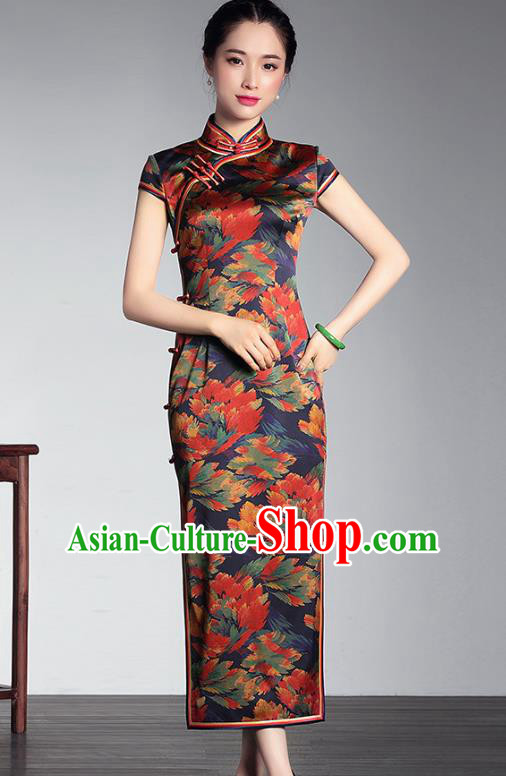 Traditional Chinese National Costume Long Qipao Satin Dress, Top Grade Tang Suit Stand Collar Cheongsam for Women
