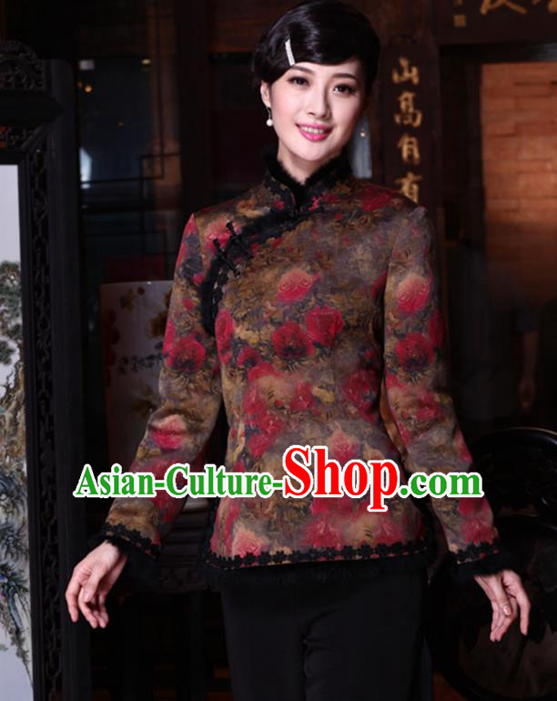 Traditional Chinese National Costume Qipao Upper Outer Garment Blouse, Top Grade Tang Suit Stand Collar Cheongsam Cotton-padded Coats for Women