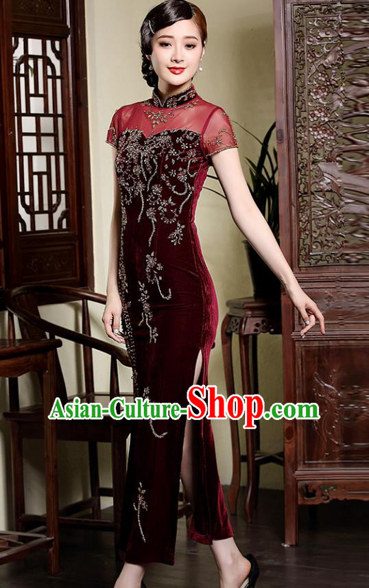 Traditional Chinese National Costume Red Velvet Qipao, Top Grade Tang Suit Stand Collar Cheongsam Dress for Women