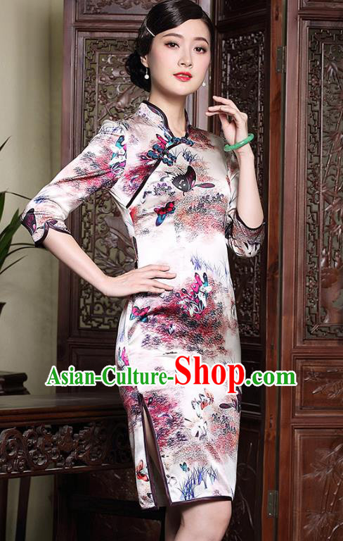 Traditional Chinese National Costume Printing Silk Qipao, Top Grade Tang Suit Stand Collar Cheongsam Dress for Women