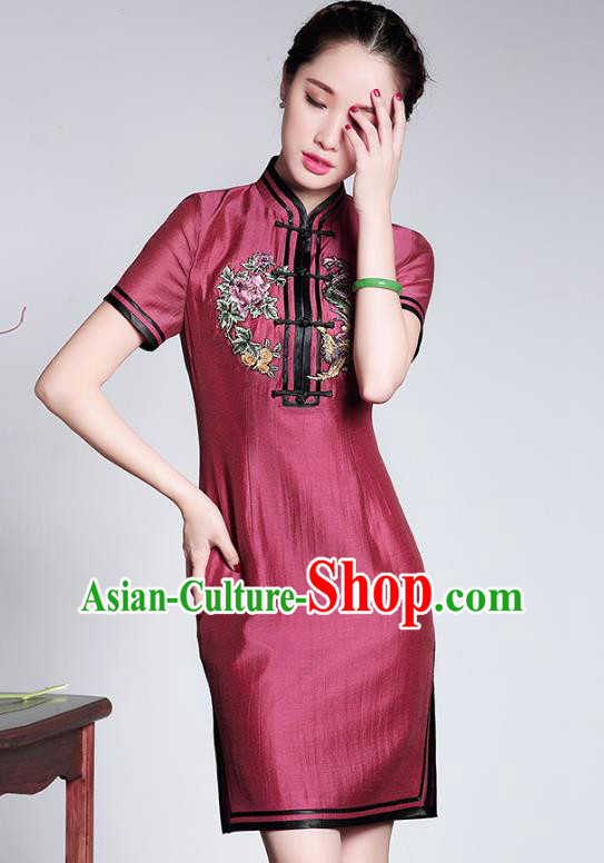 Traditional Ancient Chinese Young Lady Silk Embroidery Cheongsam, Republic of China Stand Collar Qipao Dress Tang Suit Clothing for Women