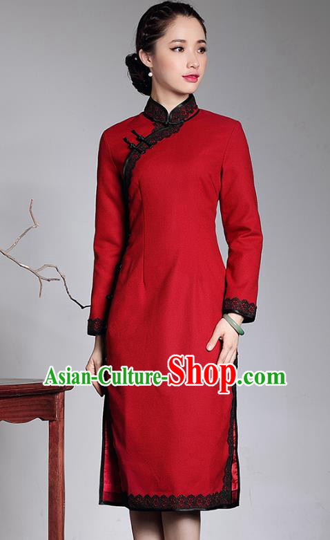 Traditional Ancient Chinese Young Lady Embroidery Red Wool Cheongsam, Republic of China Stand Collar Qipao Dress Tang Suit Clothing for Women