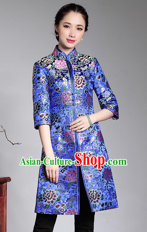 Traditional Chinese National Costume Blue Brocade Coats, Top Grade Tang Suit Stand Collar Cheongsam Dust Coat for Women