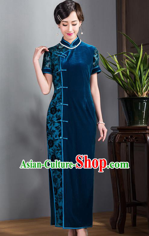 Traditional Ancient Chinese Young Lady Blue Velvet Cheongsam, Republic of China Stand Collar Qipao Tang Suit Dress for Women