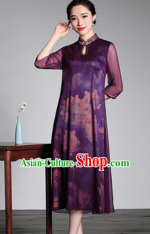 Traditional Ancient Chinese Young Lady Printing Purple Silk Cheongsam, Republic of China Stand Collar Qipao Tang Suit Dress for Women