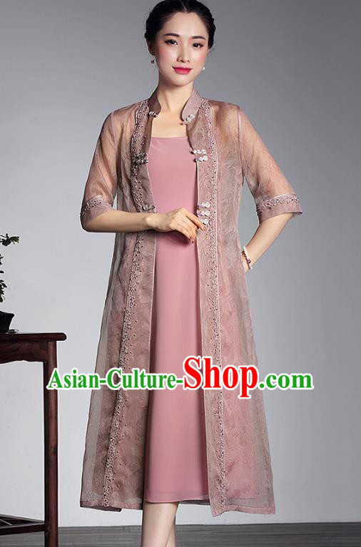 Traditional Chinese National Costume Pink Silk Coats, Top Grade Tang Suit Stand Collar Cheongsam Dust Coat for Women
