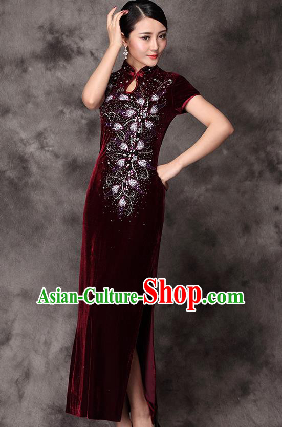 Traditional Ancient Chinese Young Lady Wine Red Velvet Cheongsam, Republic of China Stand Collar Qipao Tang Suit Dress for Women