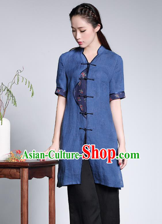 Traditional Ancient Chinese Young Lady Blue Linen Cheongsam Coats, Republic of China Qipao Tang Suit Blouse for Women