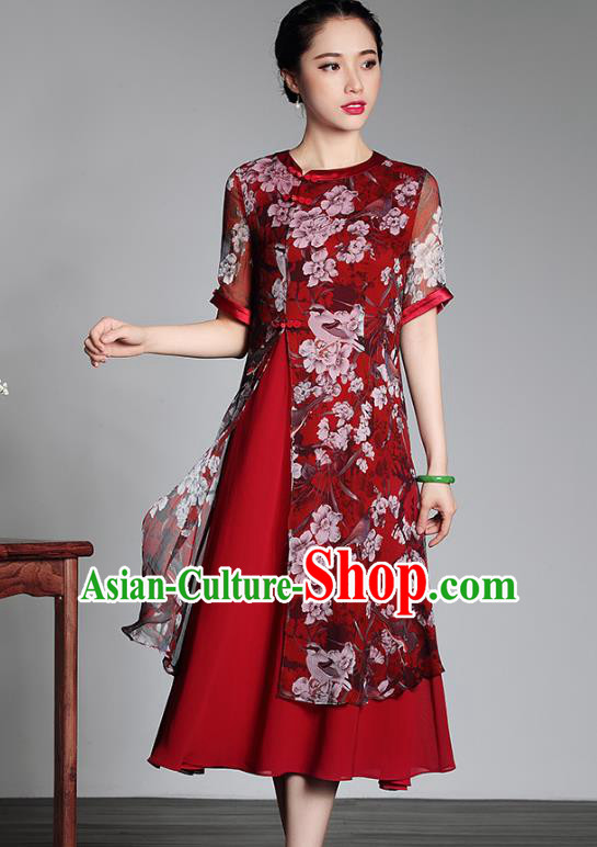Traditional Ancient Chinese Young Lady Plated Buttons Printing Cheongsam, Asian Republic of China Red Qipao Tang Suit Dress for Women