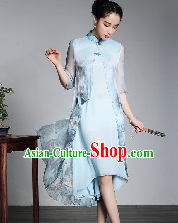 Traditional Ancient Chinese Young Lady Plated Buttons Printing Silk Cheongsam, Asian Republic of China Blue Qipao Tang Suit Dress for Women