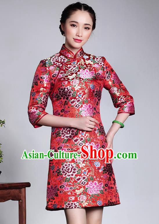 Traditional Ancient Chinese Young Lady Plated Buttons Red Brocade Cheongsam, Asian Republic of China Qipao Tang Suit Dress for Women