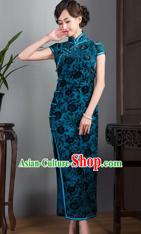 Traditional Ancient Chinese Young Lady Plated Buttons Blue Velvet Cheongsam, Asian Republic of China Qipao Tang Suit Dress for Women