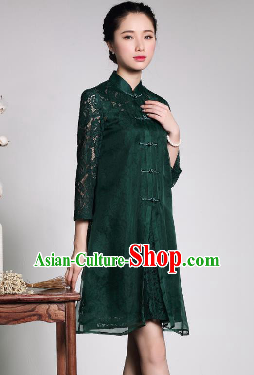 Traditional Ancient Chinese Young Lady Plated Buttons Green Lace Cheongsam, Asian Republic of China Qipao Tang Suit Dress for Women