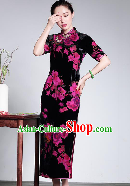Traditional Ancient Chinese Young Lady Plated Buttons Velvet Cheongsam, Asian Republic of China Printing Qipao Tang Suit Dress for Women