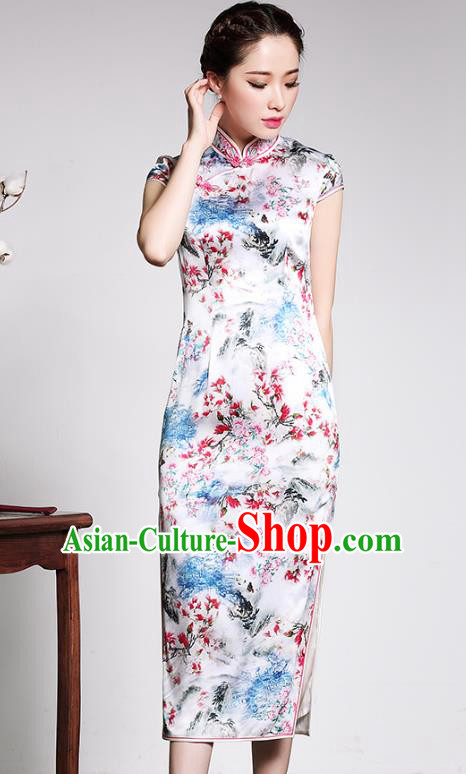 Traditional Ancient Chinese Young Lady Plated Buttons Printing Flowers Cheongsam, Asian Republic of China Silk Qipao Dress Tang Suit Clothing for Women