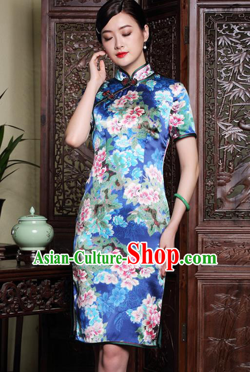 Traditional Ancient Chinese Young Lady Plated Buttons Printing Flowers Cheongsam, Asian Republic of China Blue Silk Qipao Dress Tang Suit Clothing for Women