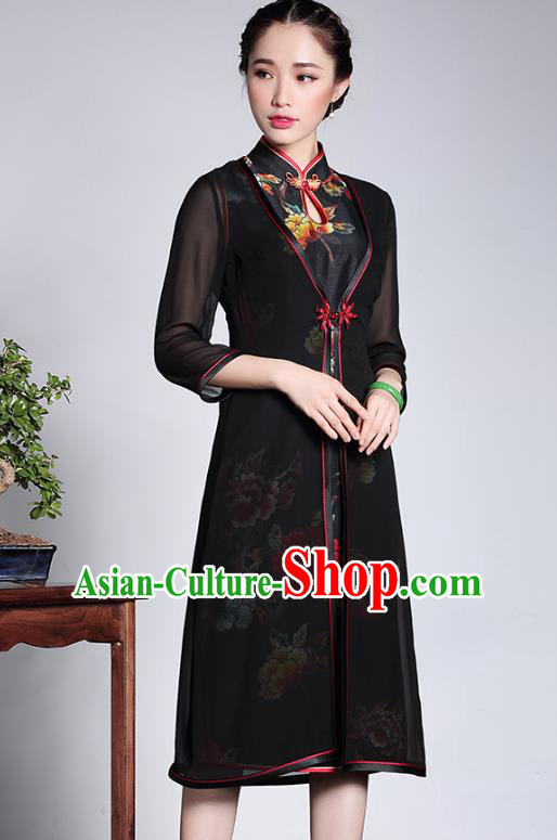 Traditional Ancient Chinese Young Lady Retro Black Silk Cheongsam Coats, Asian Republic of China Qipao Dust Coat Tang Suit Upper Outer Garment for Women