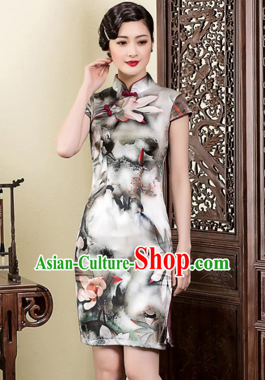 Traditional Ancient Chinese Young Lady Retro Ink Painting Lotus Silk Cheongsam, Asian Republic of China Qipao Tang Suit Dress for Women