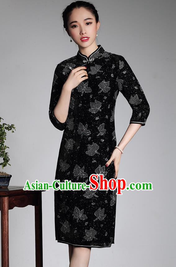 Traditional Ancient Chinese Young Lady Retro Black Velvet Hot Drilling Cheongsam, Asian Republic of China Qipao Tang Suit Dress for Women