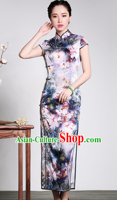 Asian Republic of China Top Grade Plated Buttons Silk Printing Long Cheongsam, Traditional Chinese Tang Suit Qipao Dress for Women