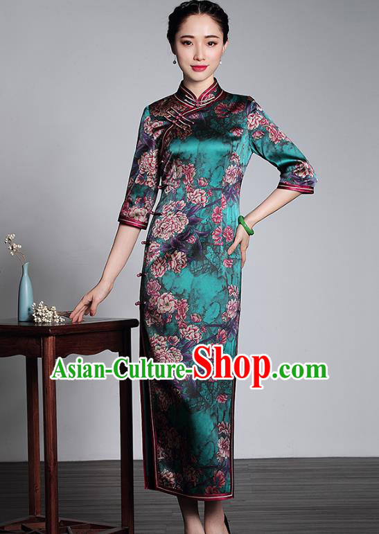 Asian Republic of China Top Grade Plated Buttons Printing Green Silk Cheongsam, Traditional Chinese Tang Suit Qipao Dress for Women
