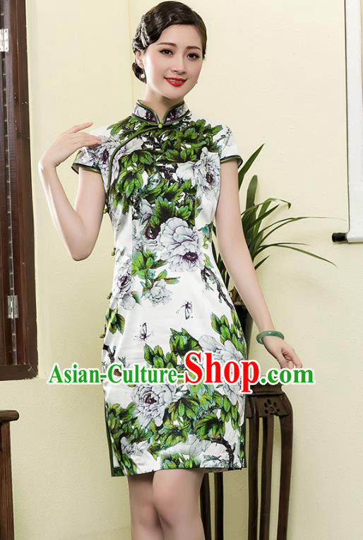 Top Grade Asian Republic of China Plated Buttons Printing Green Flowers Cheongsam, Traditional Chinese Tang Suit Qipao Dress for Women
