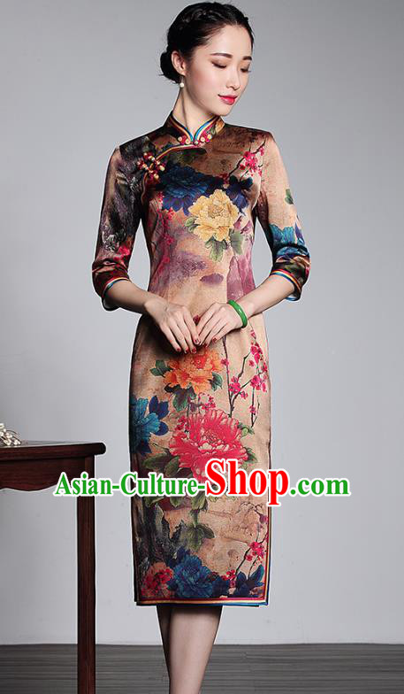 Top Grade Asian Republic of China Plated Buttons Printing Peony Cheongsam, Traditional Chinese Tang Suit Qipao Dress for Women