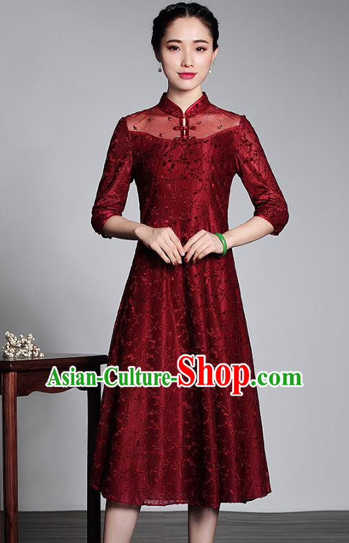 Top Grade Asian Republic of China Plated Buttons Red Lace Cheongsam, Traditional Chinese Tang Suit Qipao Dress for Women