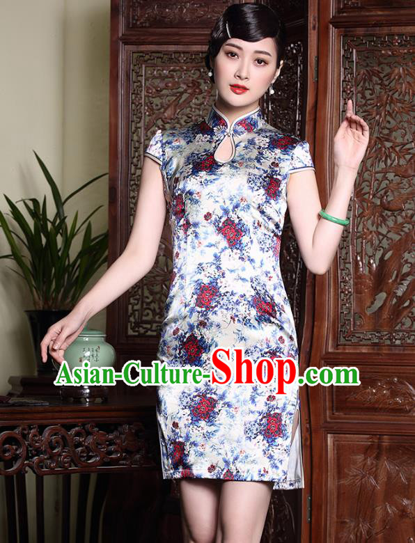 Top Grade Asian Republic of China Plated Buttons Printing Red Flowers Silk Cheongsam, Traditional Chinese Tang Suit Qipao Dress for Women