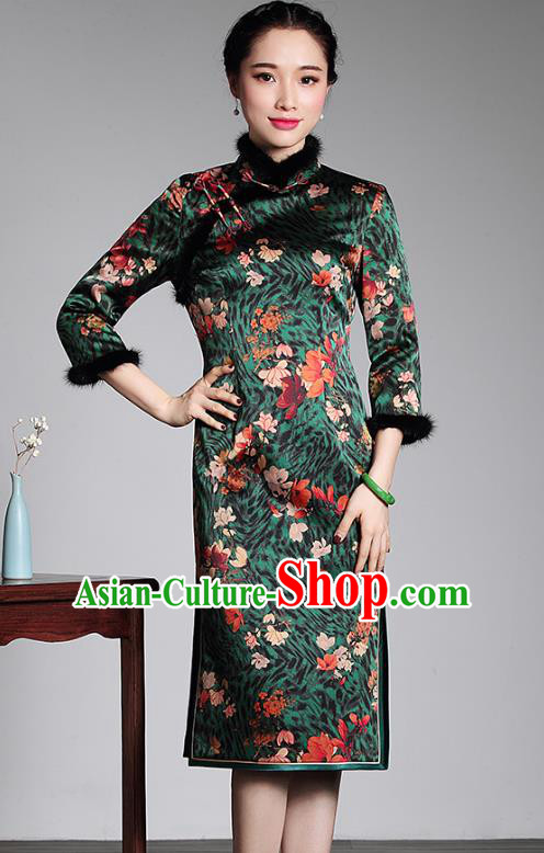 Top Grade Asian Republic of China Plated Buttons Printing Silk Cheongsam, Traditional Chinese Tang Suit Green Qipao Dress for Women