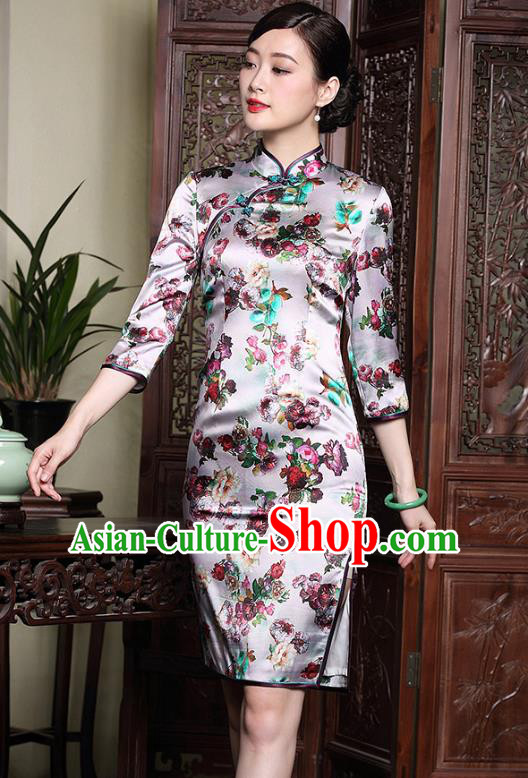 Traditional Ancient Chinese Young Lady Retro Stand Collar Printing Cheongsam, Asian Republic of China Qipao Tang Suit Silk Dress for Women