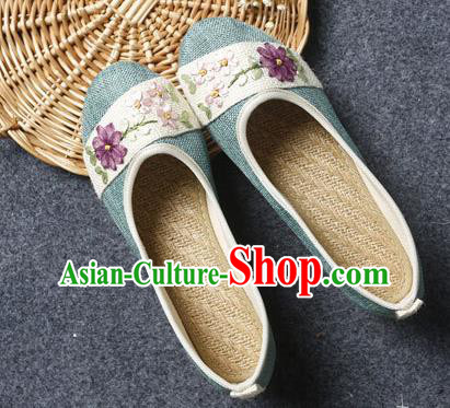 Traditional Chinese National Embroidered Shoes Green Linen Shoes, China Handmade Hanfu Embroidery Flower Wedding Shoes for Women
