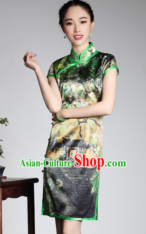 Top Grade Asian Republic of China Plated Buttons Cheongsam, Traditional Chinese Tang Suit Printing Green Silk Qipao Dress for Women