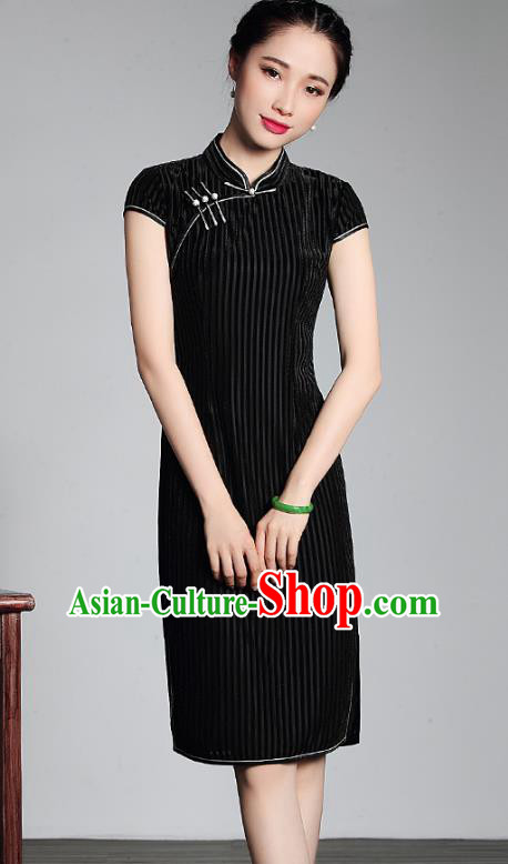 Traditional Ancient Chinese Young Lady Retro Stand Collar Short Black Velvet Cheongsam Dress, Asian Republic of China Qipao Tang Suit Clothing for Women